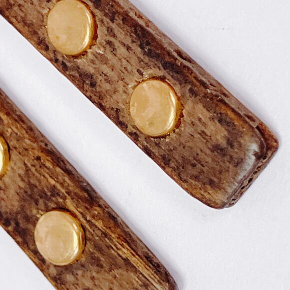 VTG 60s Wood Gold Tone Clip On Dangle Earrings Mid Century Modernist Minimalist - Picture 4 of 9